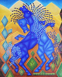 De blå hästarnas kamp - Oljemålning av två 
                    	kämpande blå hästar - Kubistisk stil - Konstnär Eva Bergman